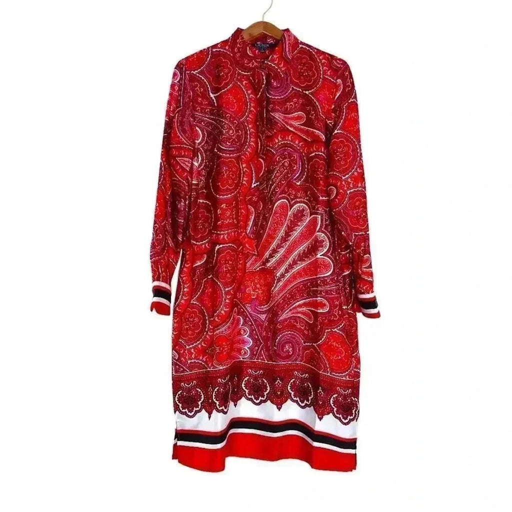 Ralph Lauren Red Paisley Satin Scarf Dress Long Sleeves Women's Size 12