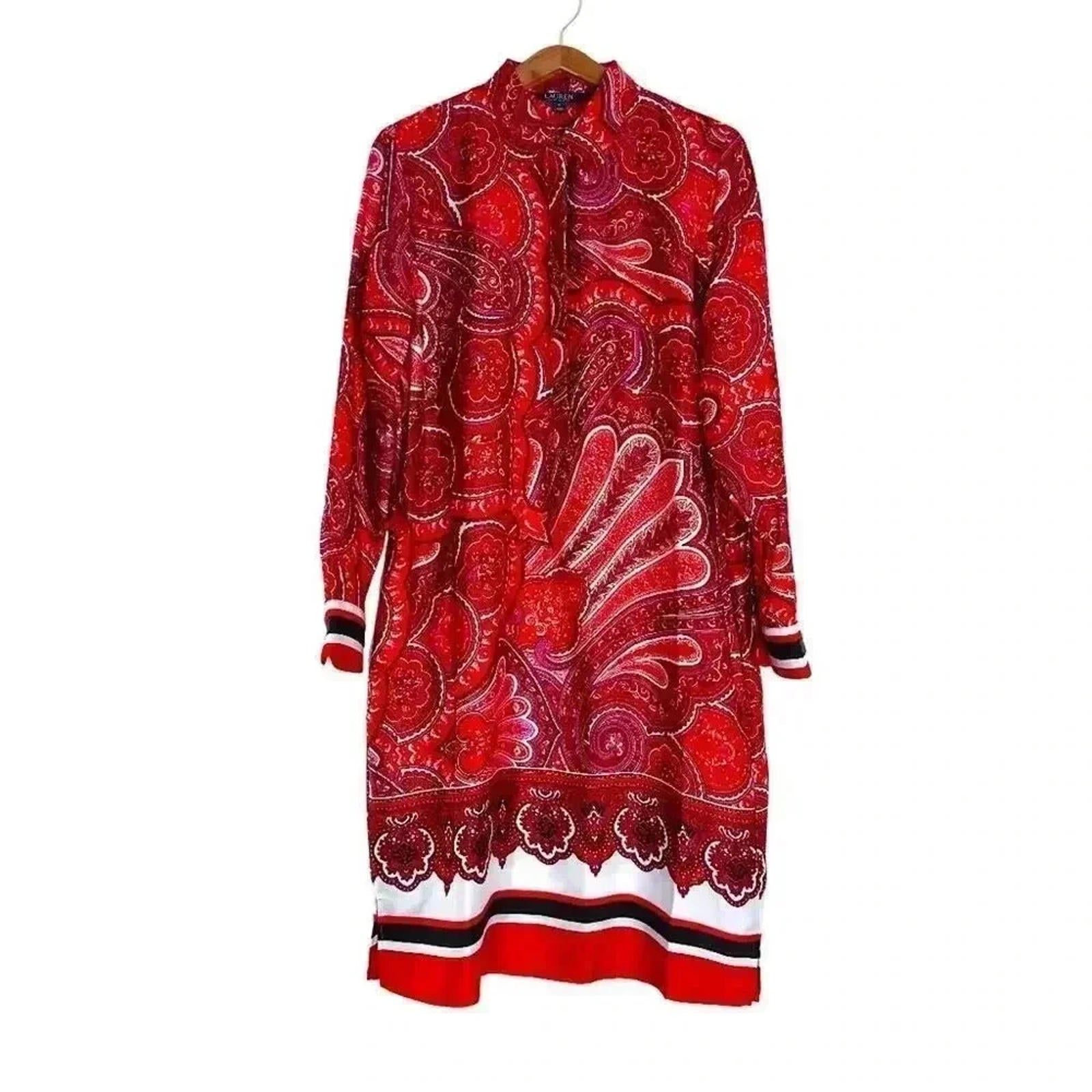 Ralph Lauren Red Paisley Satin Scarf Dress Long Sleeves Women's Size 12