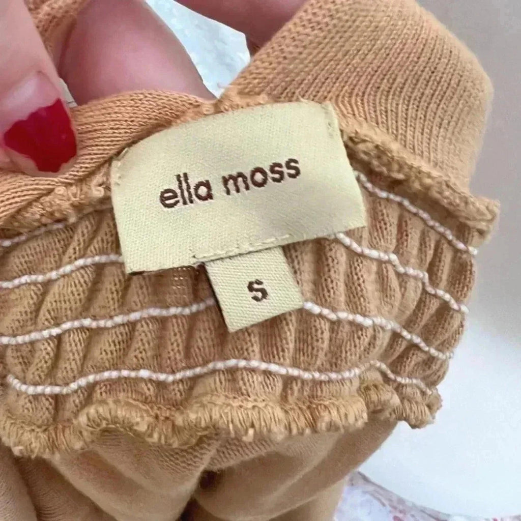 Ella Moss Tan V Neck Blouse Wood Beads Knit Boho Chic Bohemian Women's Size S