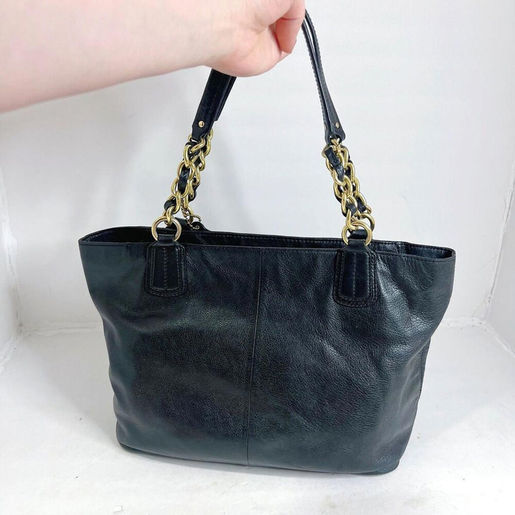 Coach Madison Black Leather Tote Bag Shoulder Bag Gold Chain Purse