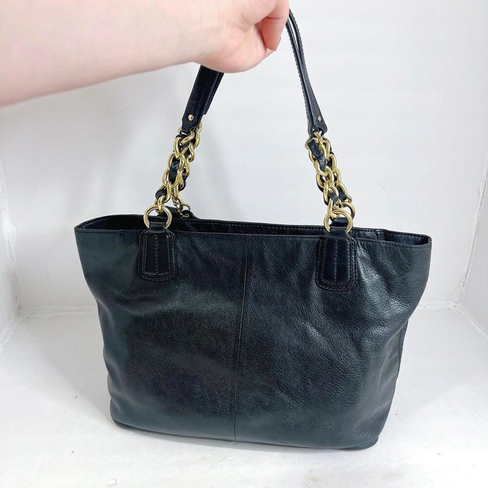 Coach Madison Black Leather Tote Bag Shoulder Bag Gold Chain Purse