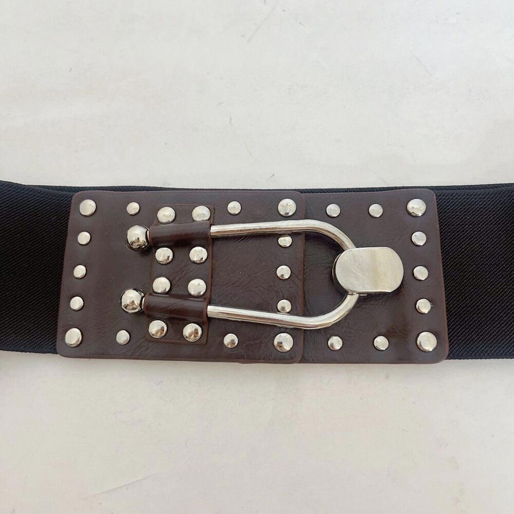 Black Chunky Elastic Belt Brown Leather Studded Clasp Boho Y2k OS
