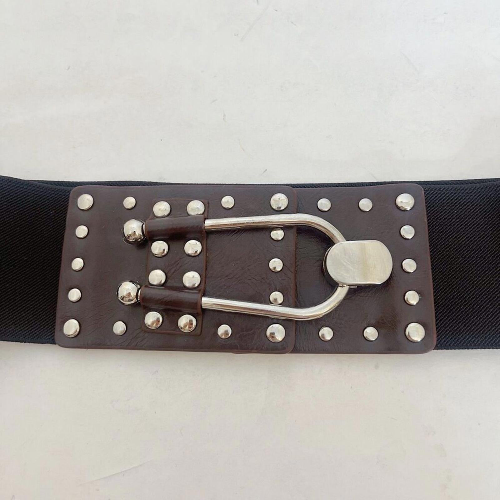 Black Chunky Elastic Belt Brown Leather Studded Clasp Boho Y2k OS