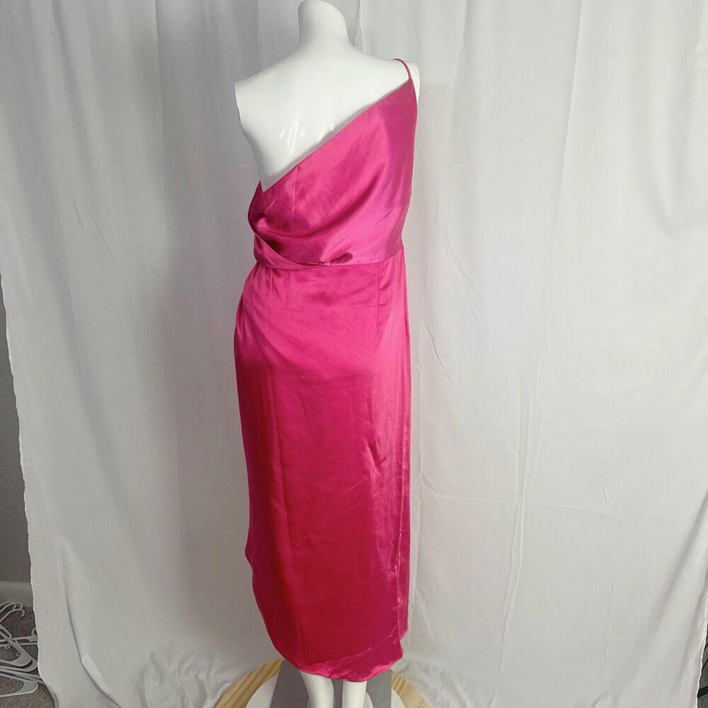 O.P.T. OnePrettyTime Formal One Shoulder Slit Barbie Pink Satin Gown Size M