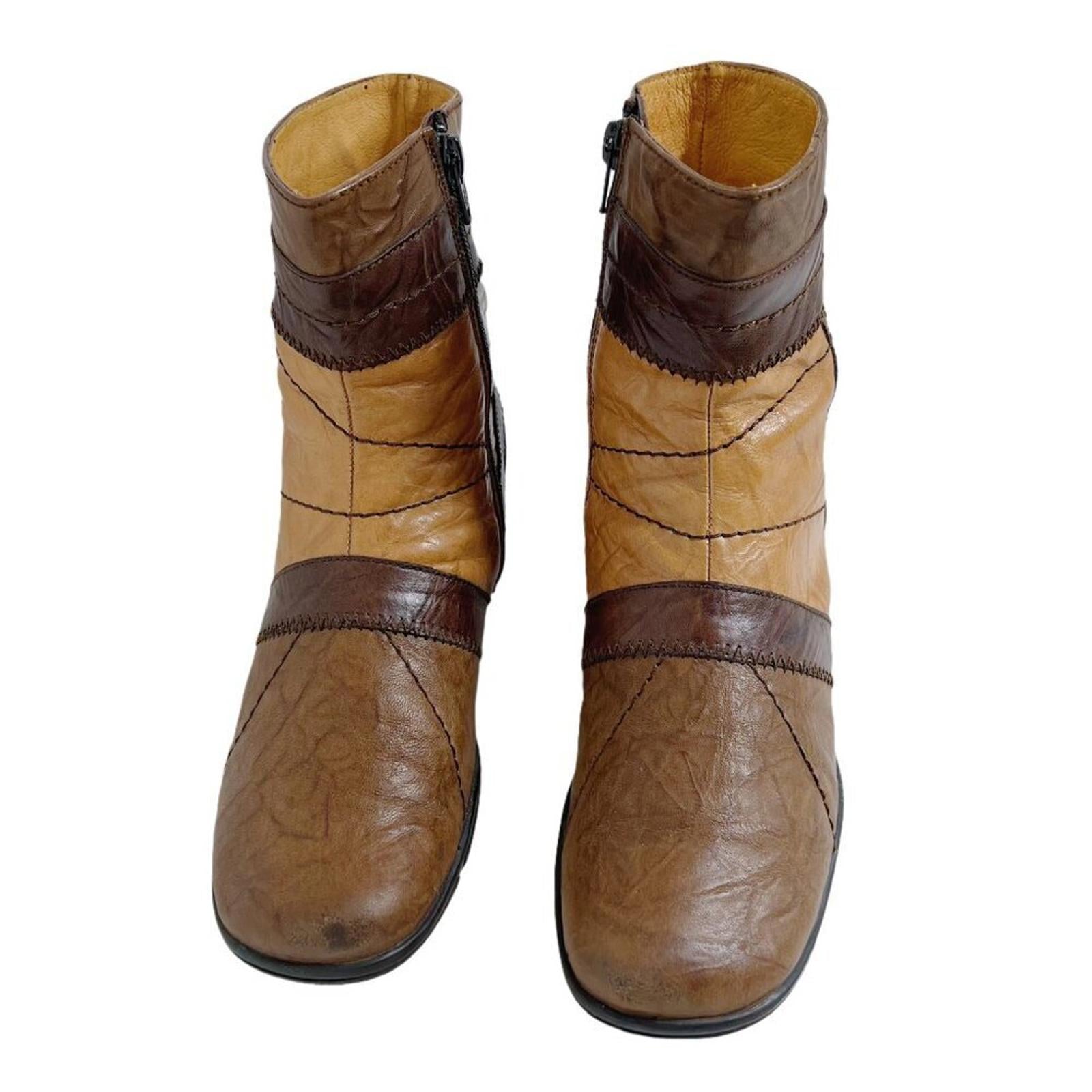 Hispanitas Vintage Patchwork Brown Leather Booties Boots Women's Size 7.5 8