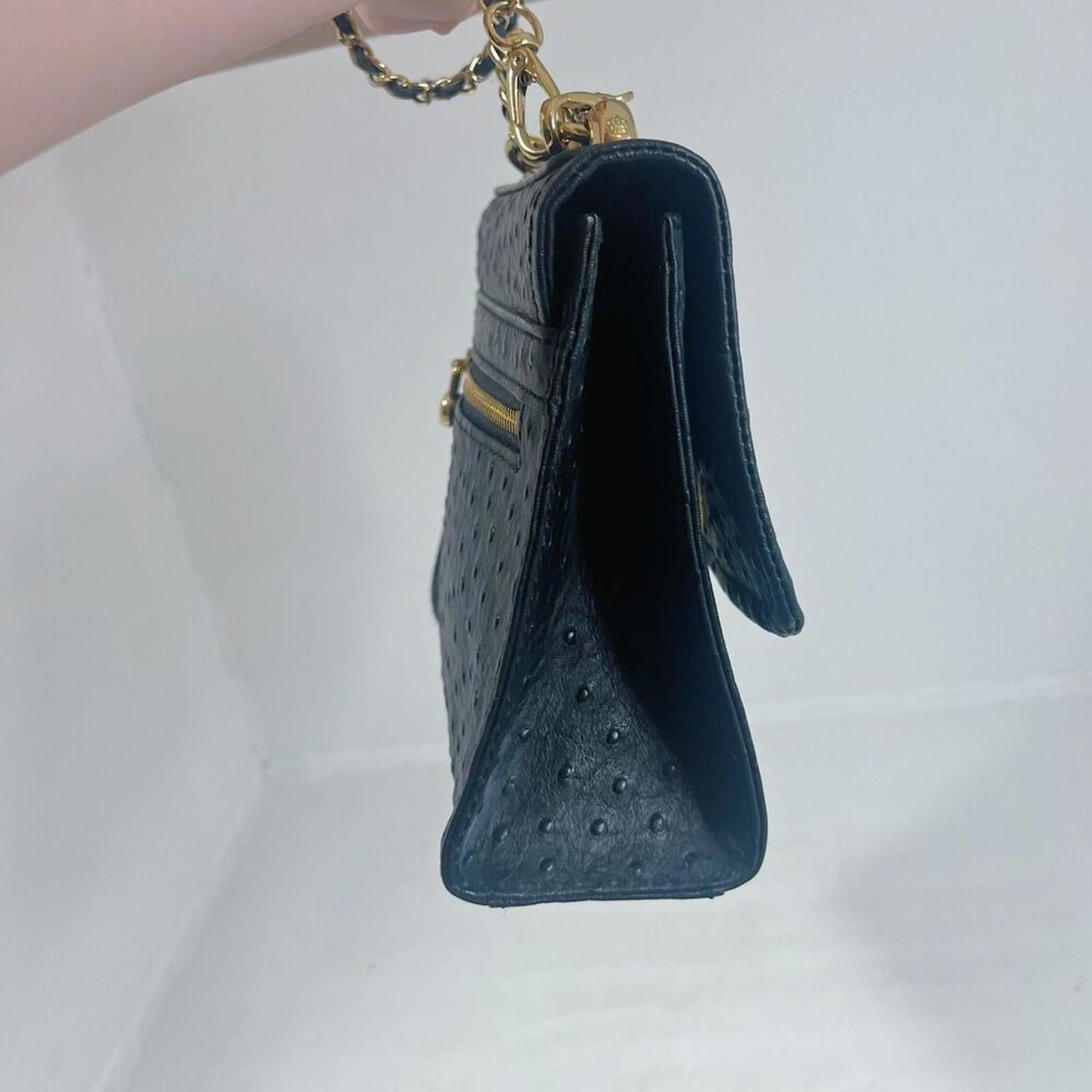 Vintage Tocco Toscano Black Ostrich Leather Structured Crossbody Bag Gold Chain