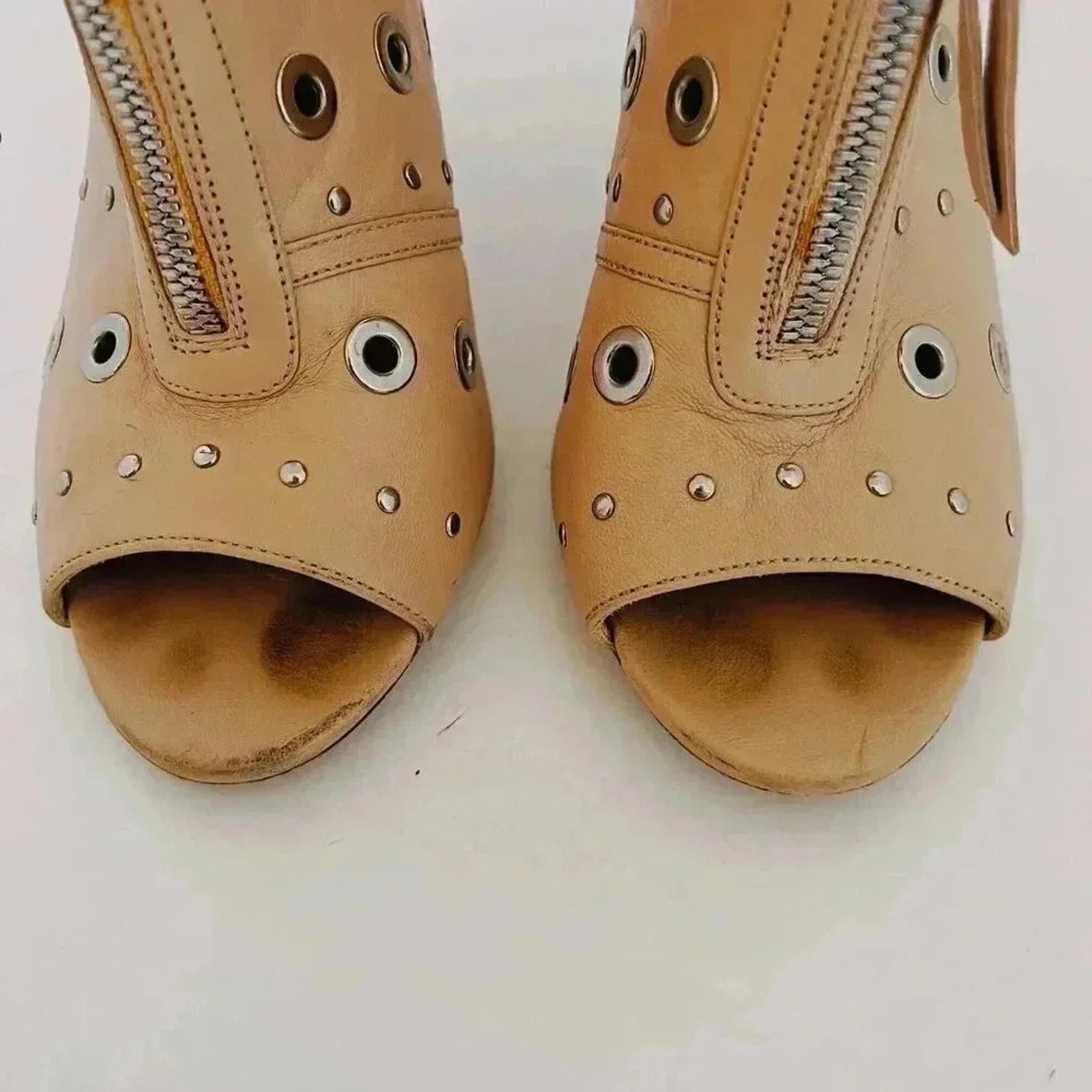 Jerome C. Rousseau Net Grommets Tan Stilettos With Rivets