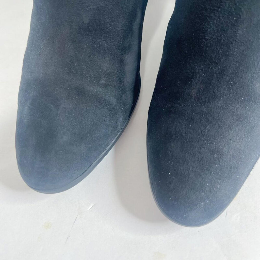 Aquatalia Italian Black Suede Heeled Booties Leather Piping Ankle Boots Size 9