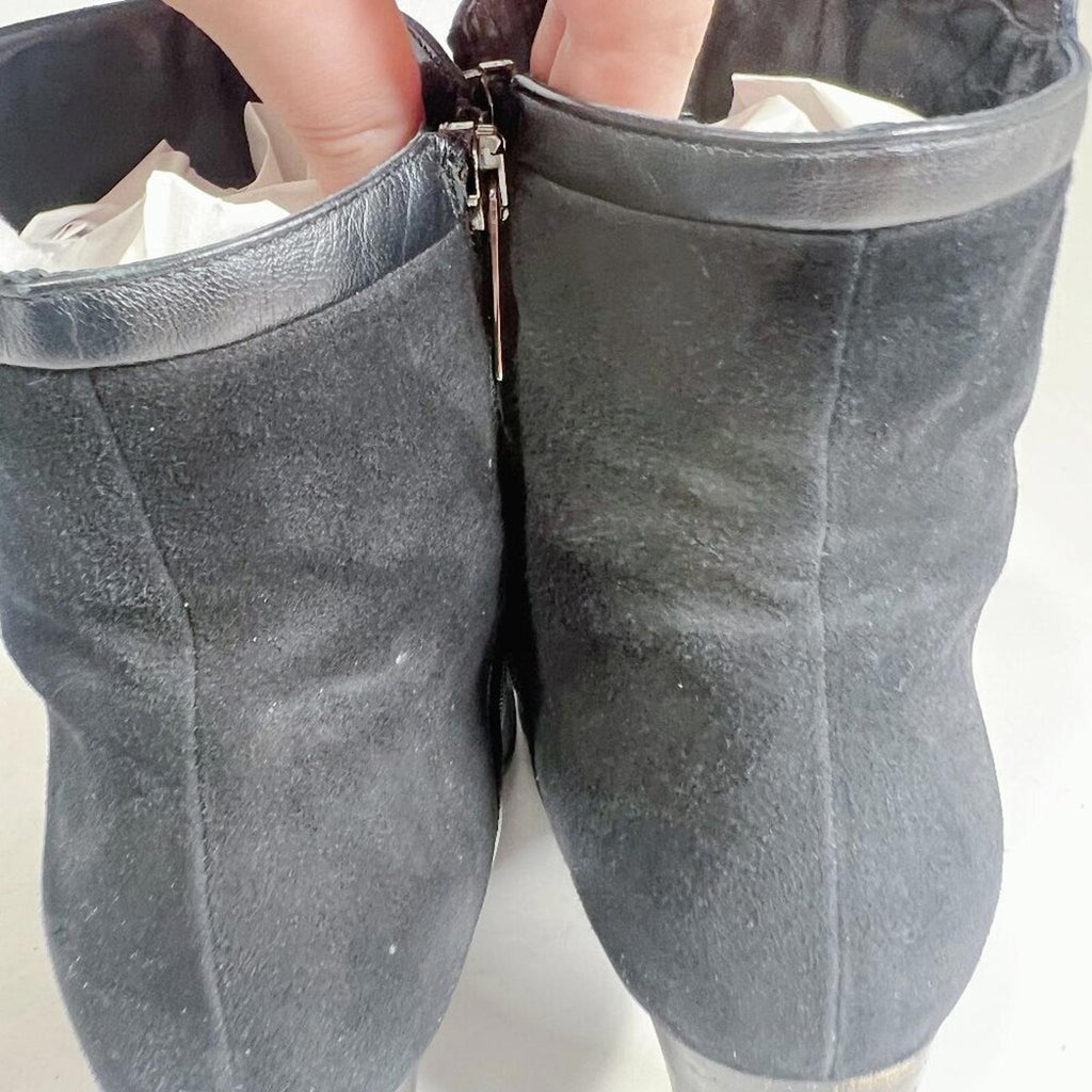 Aquatalia Italian Black Suede Heeled Booties Leather Piping Ankle Boots Size 9