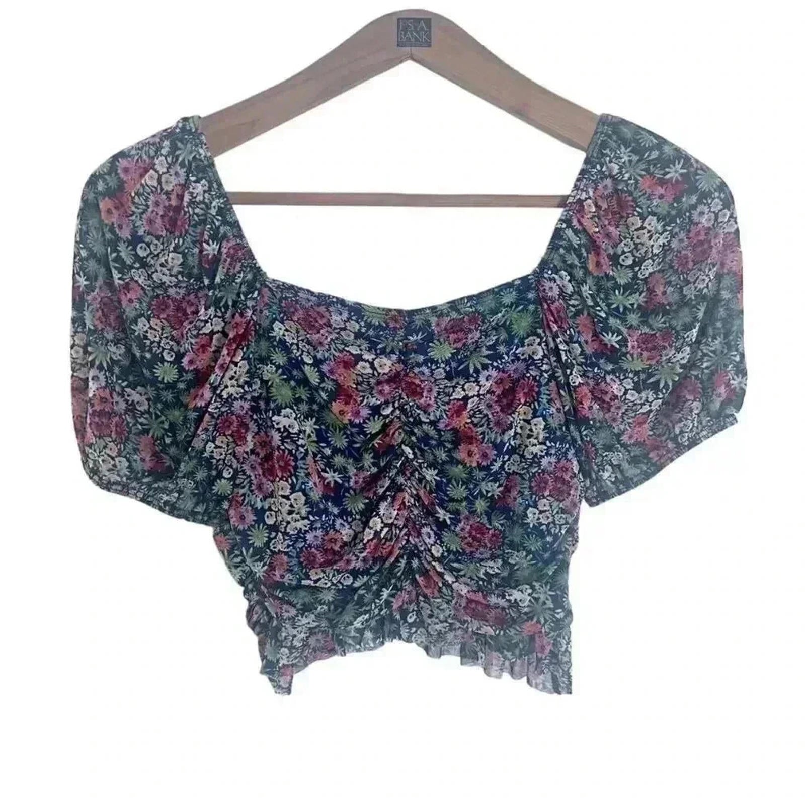 Urban Outfitters UO Navy Blue Pink Green Floral Mesh Crop Ruched Top Size M