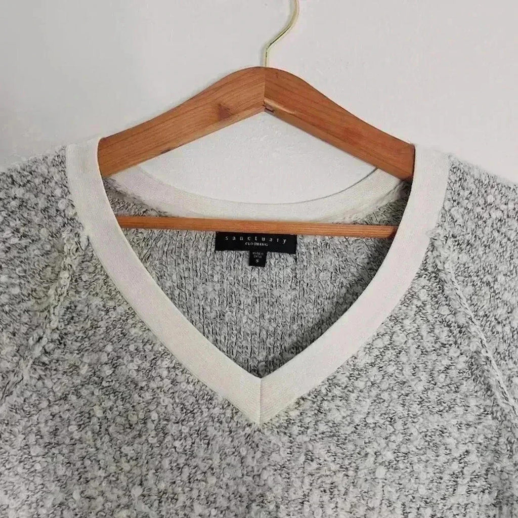 Sanctuary Grey V Neck Knit Varsity Sweater White Collar Preppy Women's Size S
