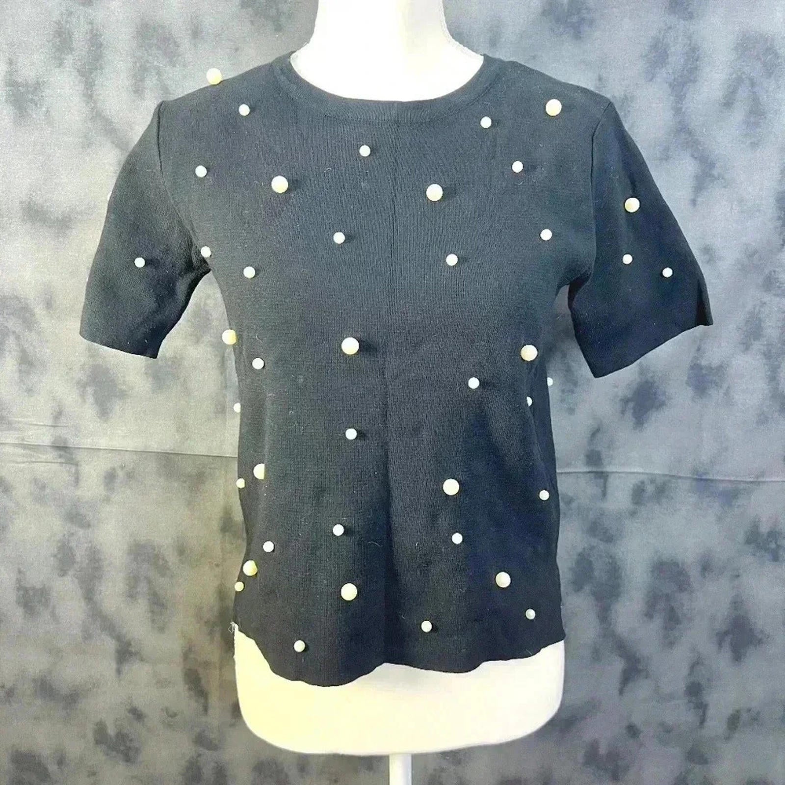 Zara Pearl Embellished Black Knit Short Sleeve Top Size S