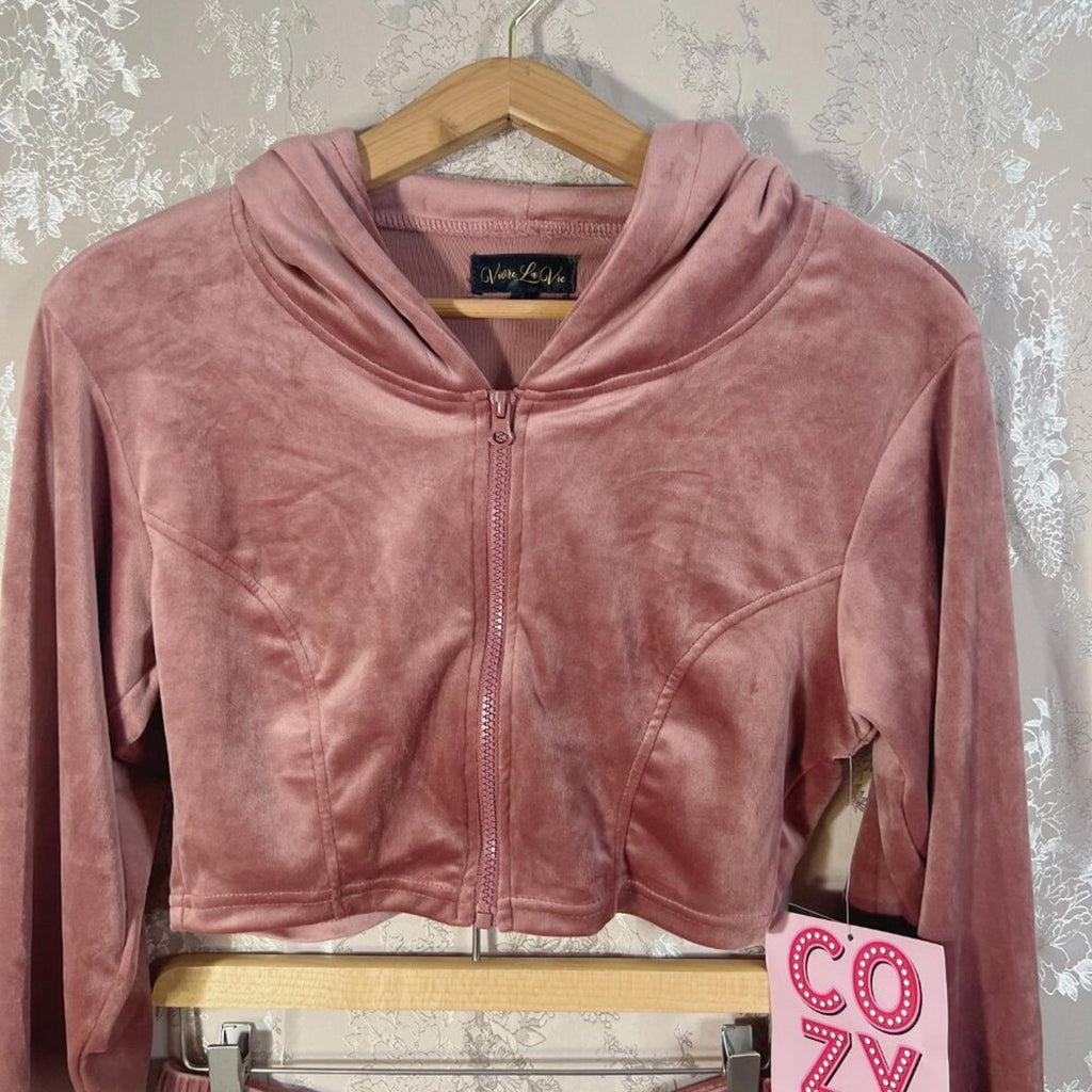 NWT Vivre La Vie Velour Tracksuit Sweatshirt Sweatpants Blush Dusty Rose Size L