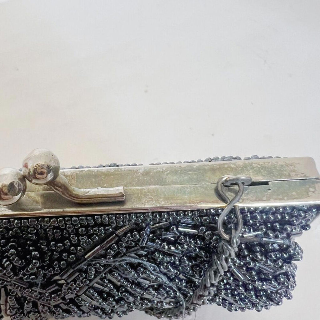 Vintage 80s La Regale Gunmetal Beaded Bag Clamshell Evening Bag Clutch