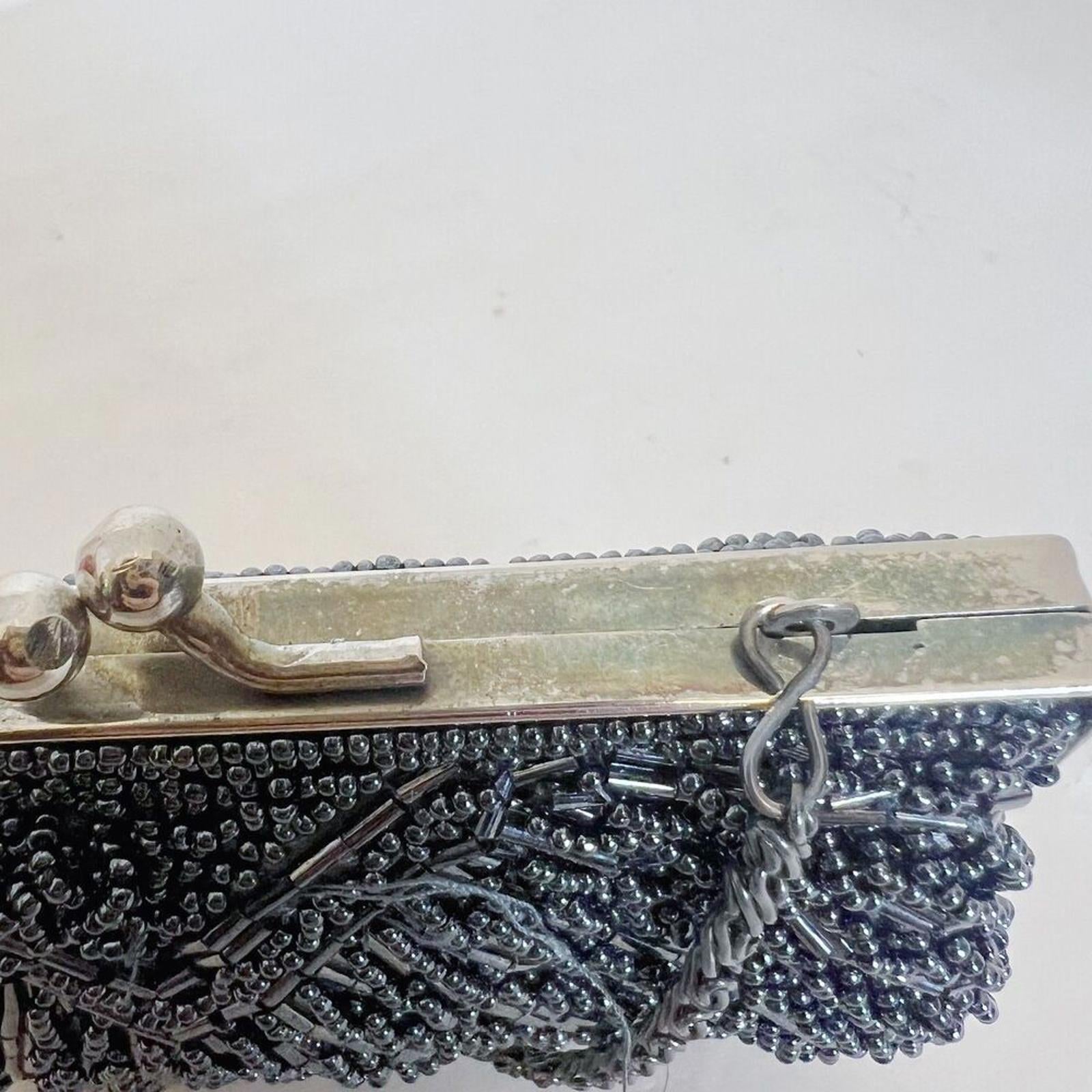 Vintage 80s La Regale Gunmetal Beaded Bag Clamshell Evening Bag Clutch