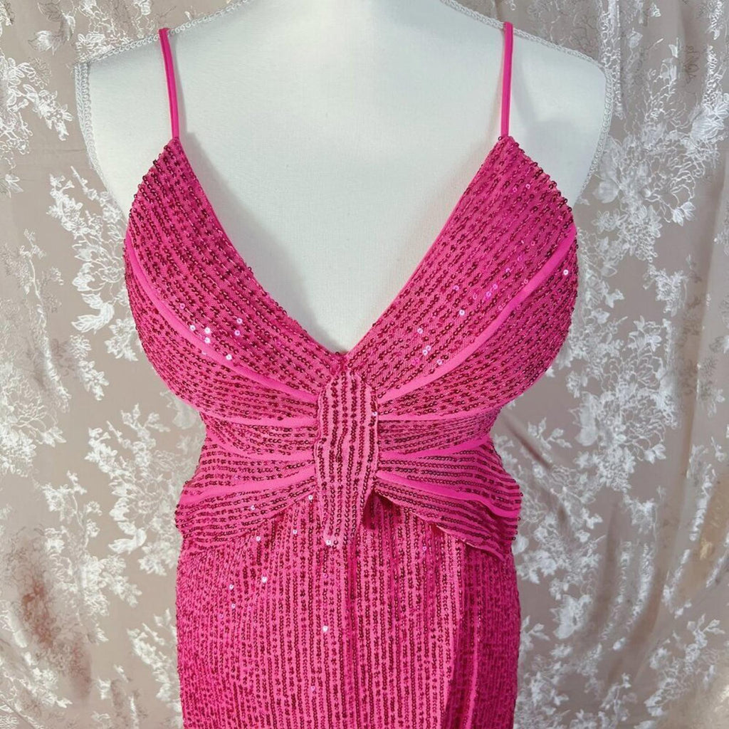 Love is For Eternity Hot Pink Sequined Butterfly Dress y2k Prom Formal Size L