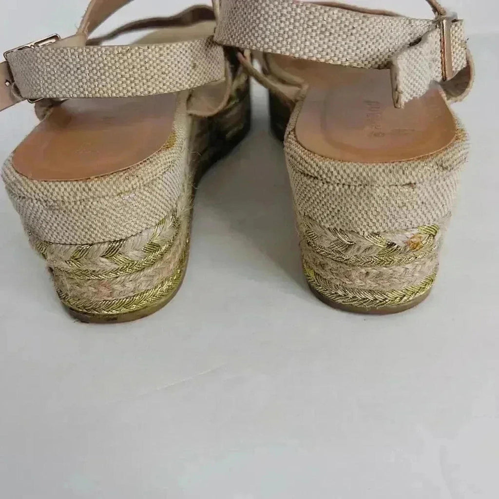 Bamboo Platform Espadrille Sandals Cream and Gold Canvas Woven Size 10