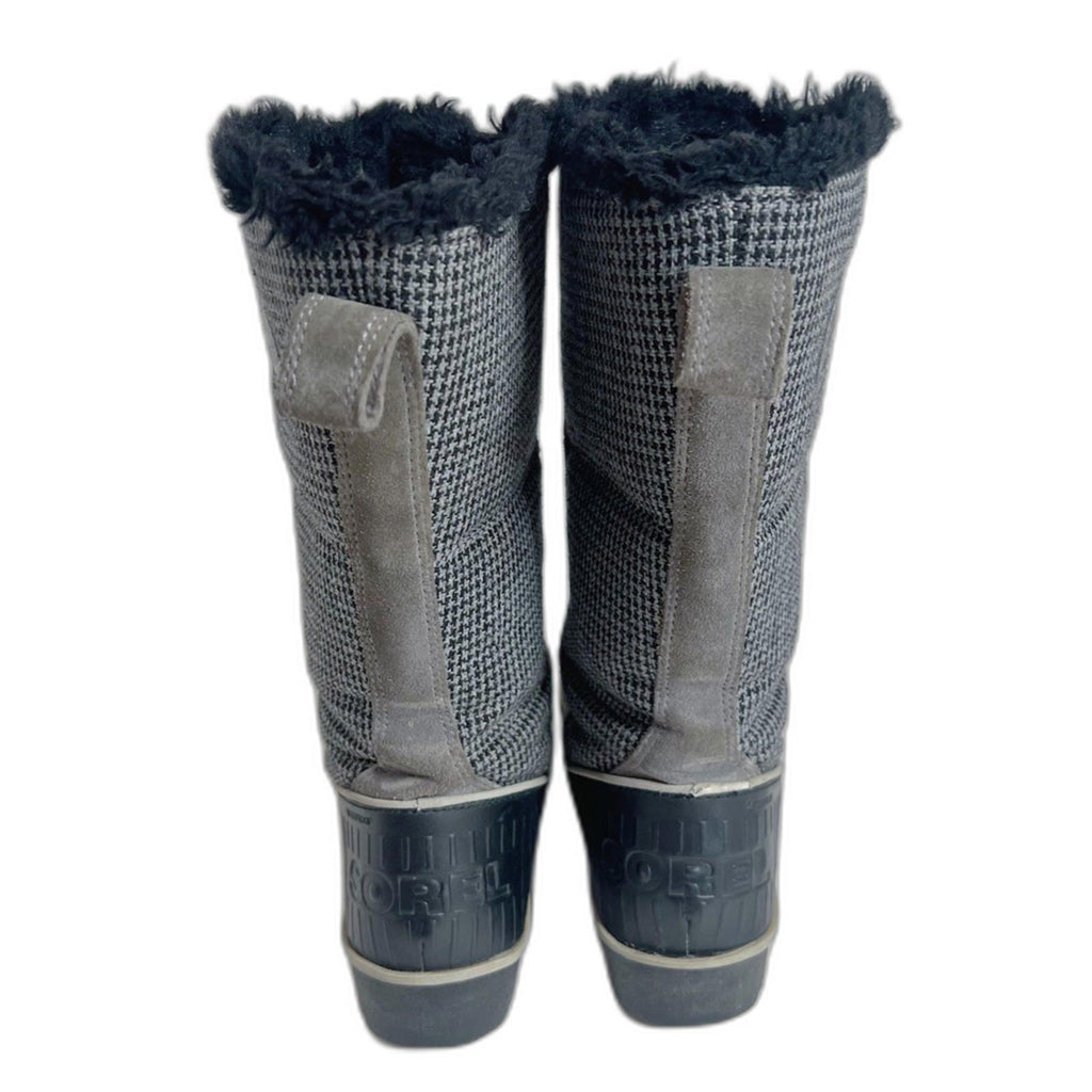 Sorel Joan of Arctic Winter Boots Grey and Black Houndstooth Fur Lined Size 7.5
