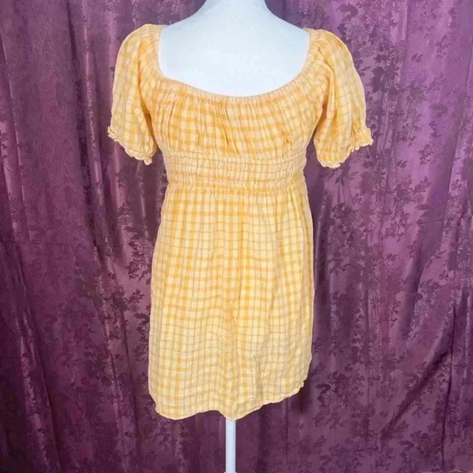 Urban Outfitters Womens Milkmaid Dress Puff Sleeves Yellow Plaid Gingham Size M