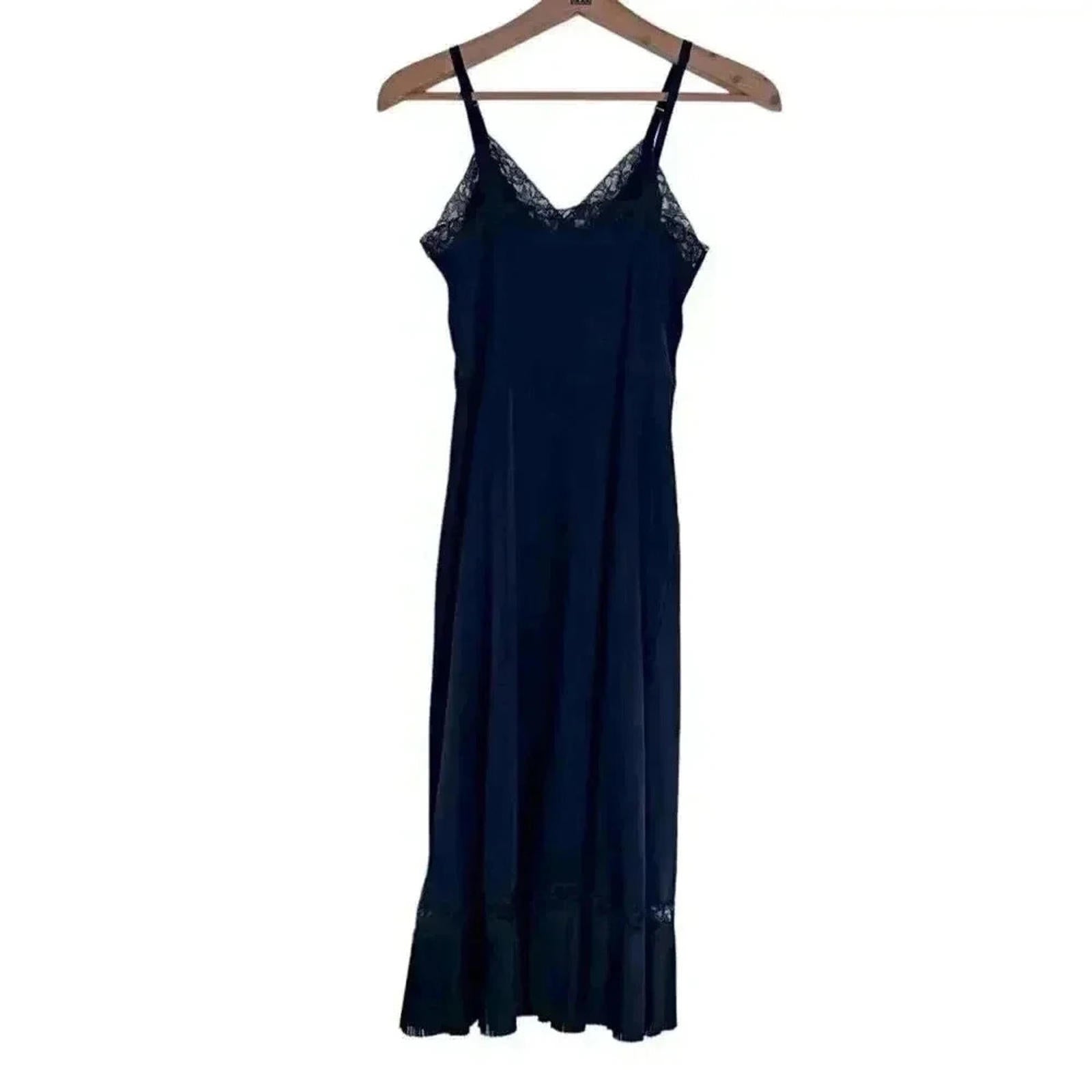 Vintage Vanity Fair Black Lace Slip Midi Dress Women's Size 4