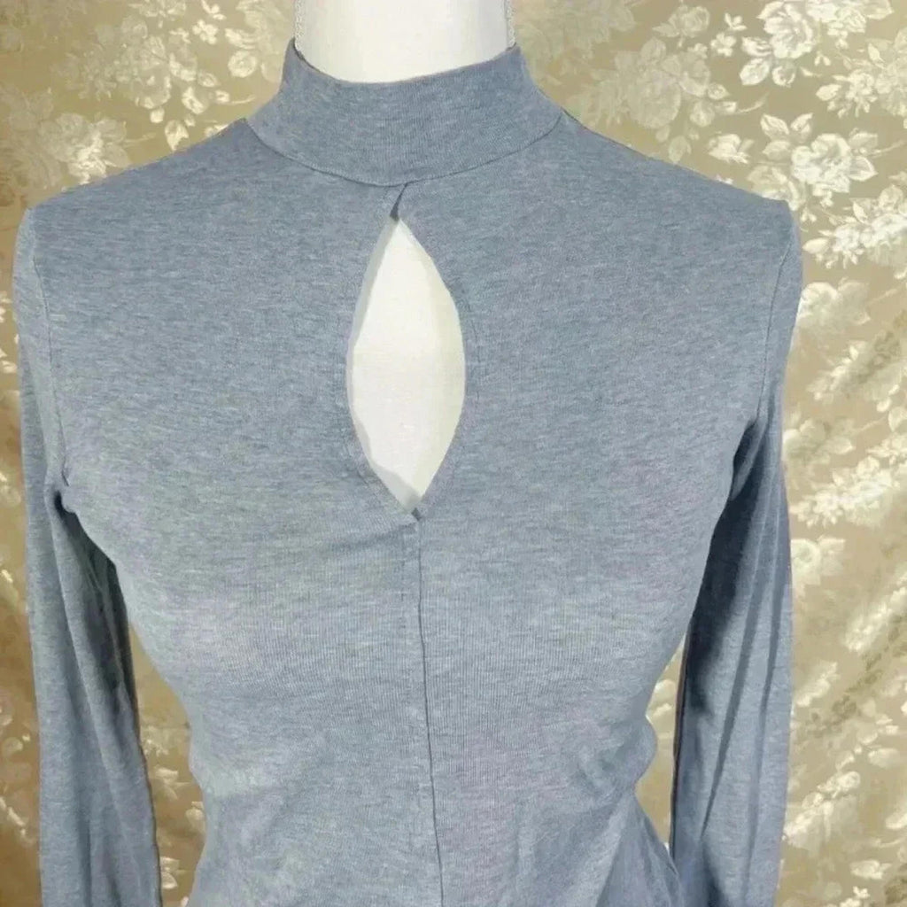 Frame Silk Mock Neck Long Sleeved Grey Shirt Keyhole Women's Size S