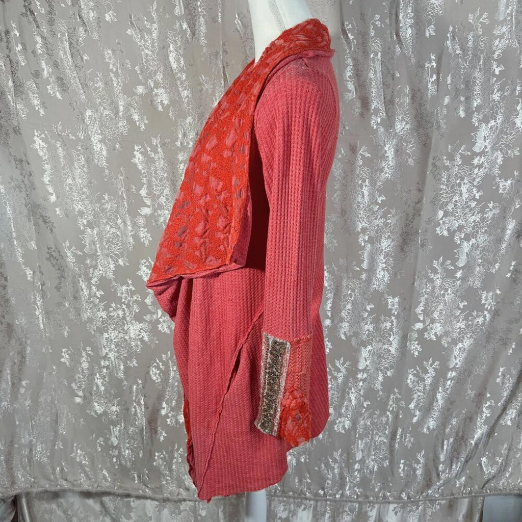 Aratta Silent Journey Waterfall Waffle Knit Open Cardigan Beading Boho Size M