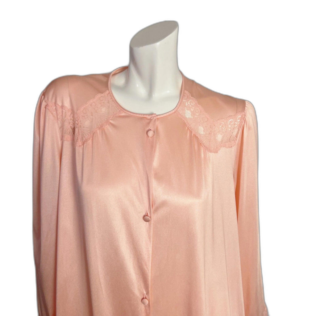 Vintage 1960s Vanity Fair Light Pink Button Up Night Gown Lace Coquette Size L