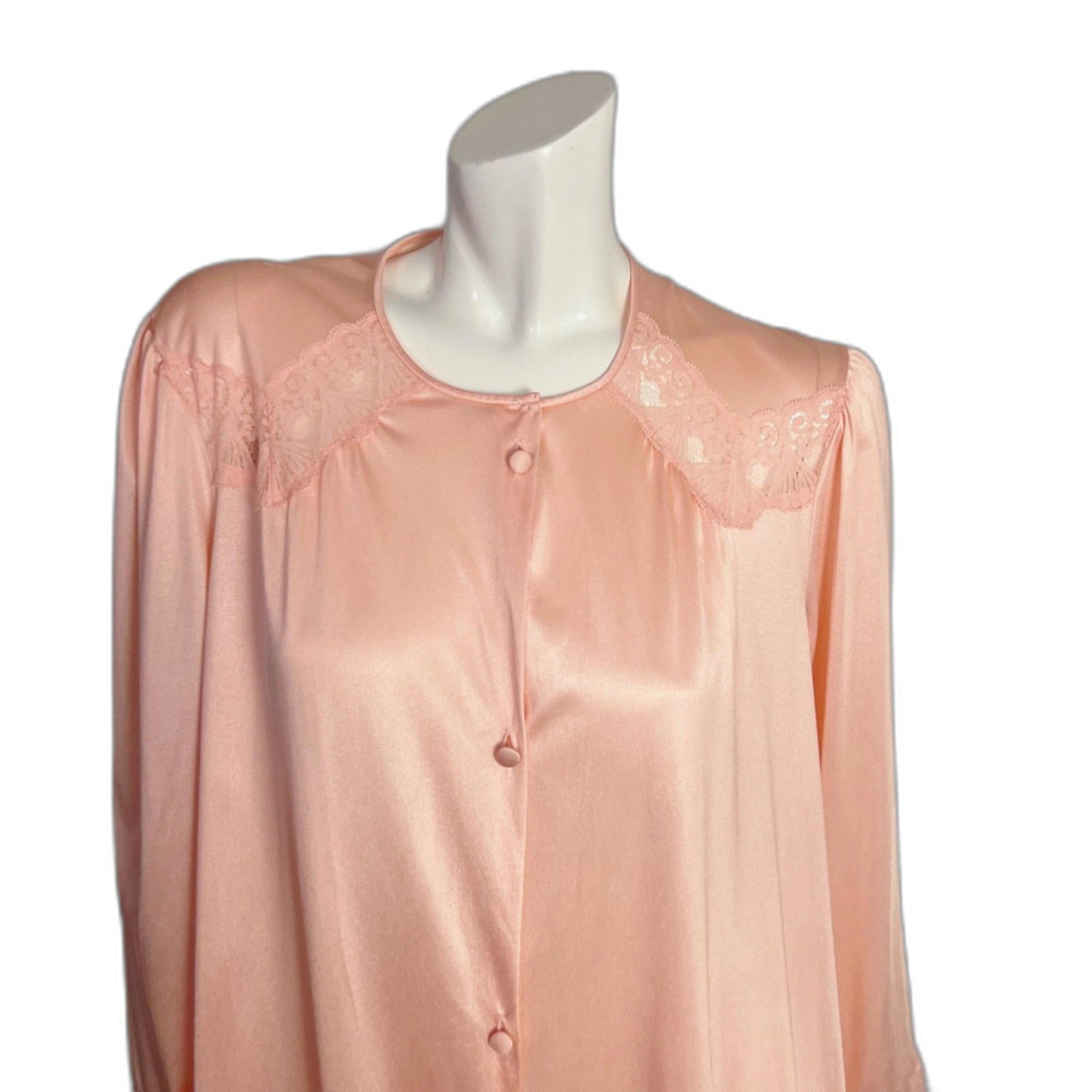 Vintage 1960s Vanity Fair Light Pink Button Up Night Gown Lace Coquette Size L