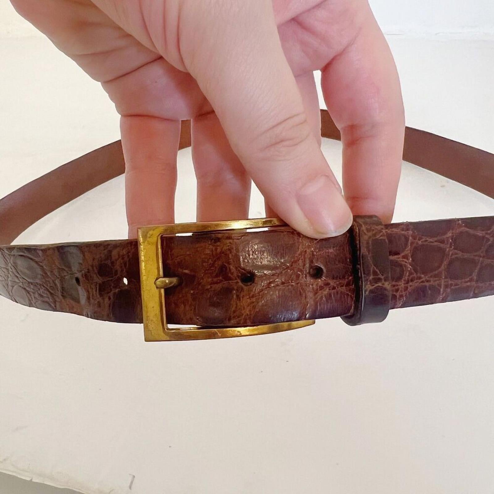Vintage Mullin's Men's Brown Crocodile Leather Belt Brass Buckle Size 36