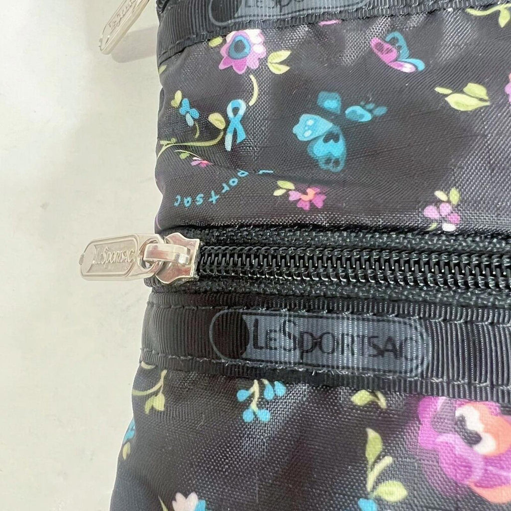 LeSportSac Black Purple and Blue Flowers Nylon Crossbody Bag Purse