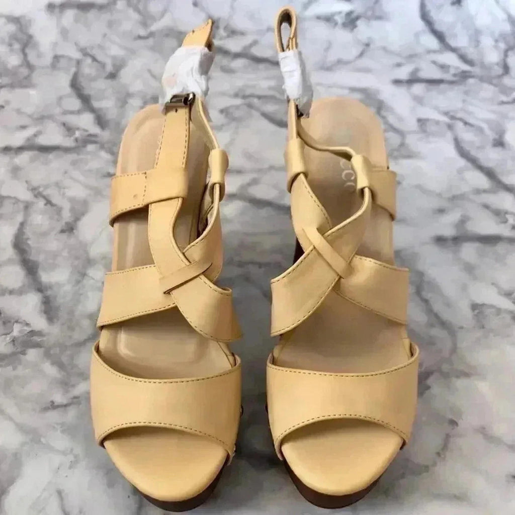 Bucco Platform Heels in Erikine Cream Chunky Heel Sandals Wedges Women's Size 8