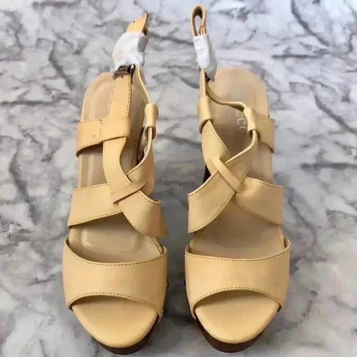 Bucco Platform Heels in Erikine Cream Chunky Heel Sandals Wedges Women's Size 8