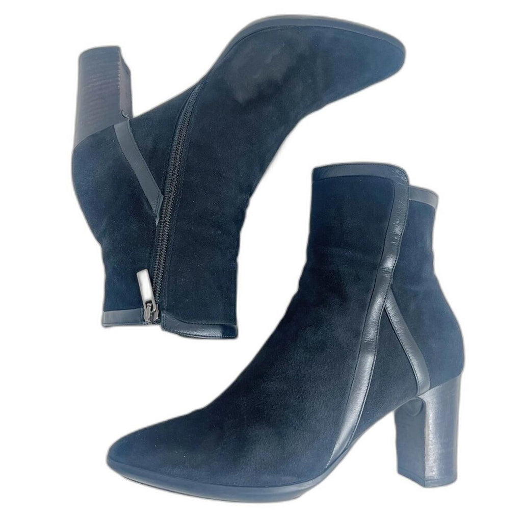 Aquatalia Italian Black Suede Heeled Booties Leather Piping Ankle Boots Size 9