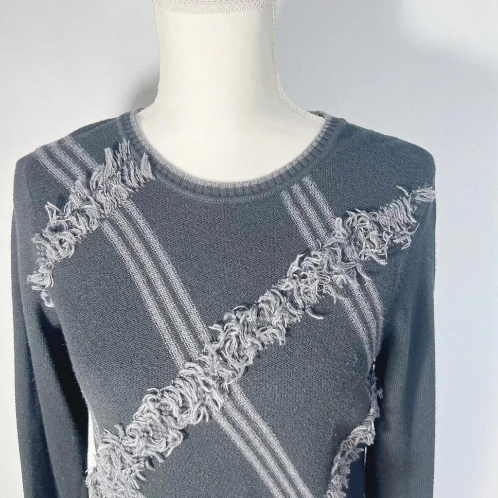 Vintage Bass Black and Grey Plaid Sweater Fringe Women's Size M Grunge Punk
