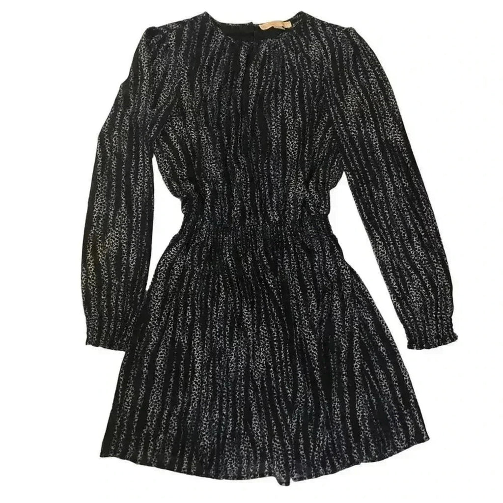 Michael Kors Navy Blue and White Striped Long Sleeve Chiffon Dress Size M