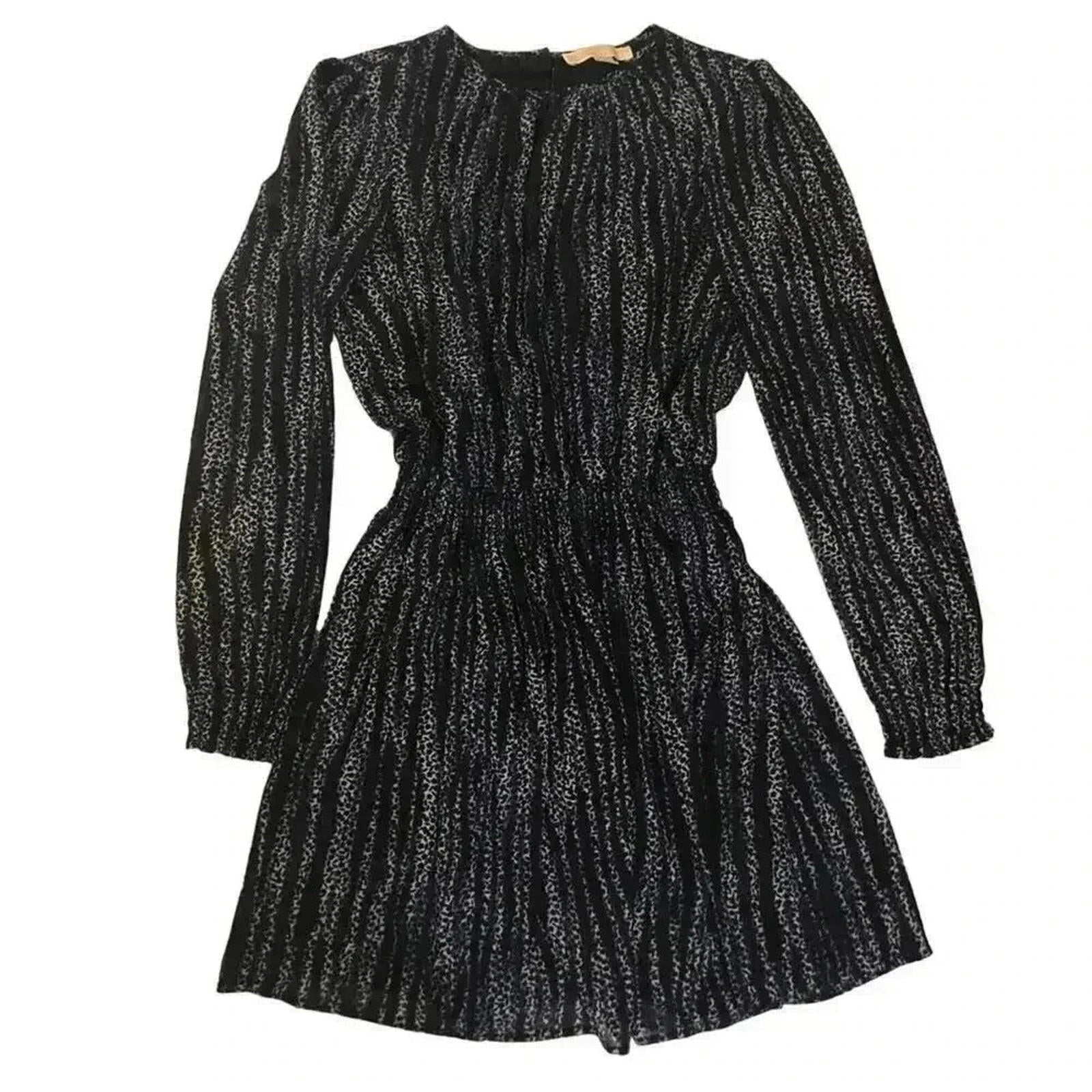 Michael Kors Navy Blue and White Striped Long Sleeve Chiffon Dress Size M