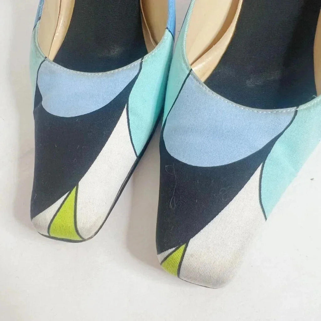 Y2K Vintage Karen Scott Blue and Green Mod Print Pumps Women's Size 6.5