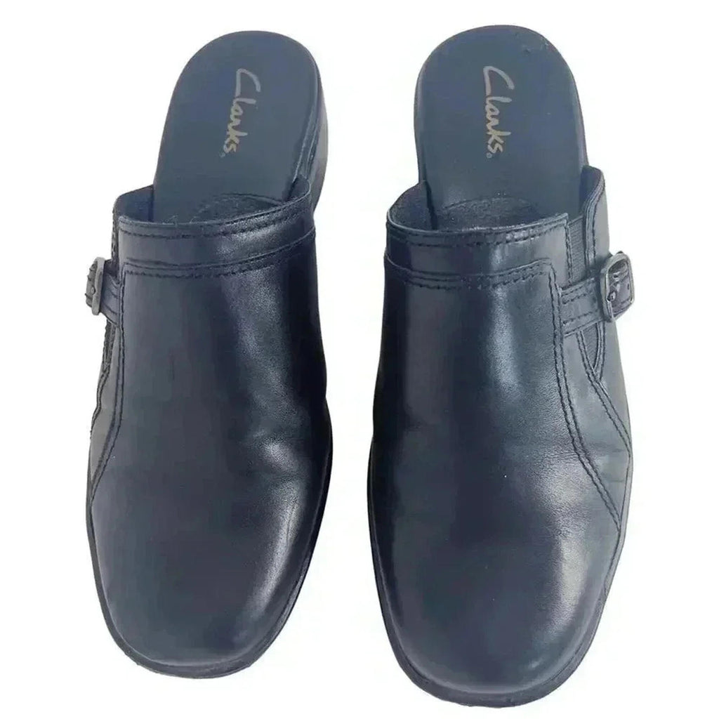 Clarks Black Leather Heeled Mules Clogs Silver Buckle Women's Size 9