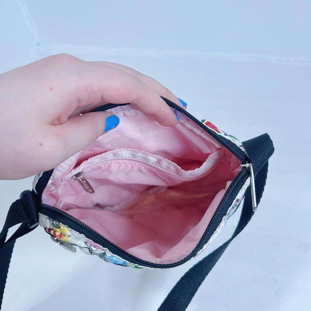 RARE LeSportSac Birds and Butterflies White Pink Nylon Crossbody Bag Swan