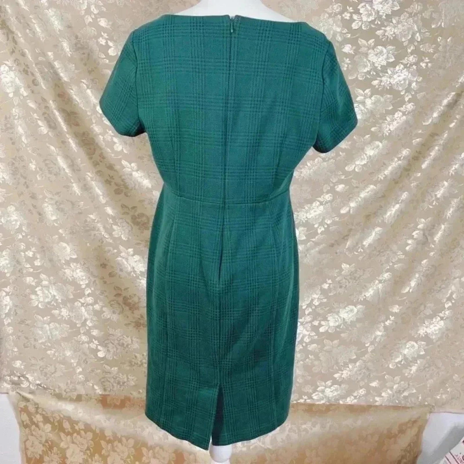 Ann Taylor Petite Green Houndstooth Sheath Dress Office Women's Size 12P