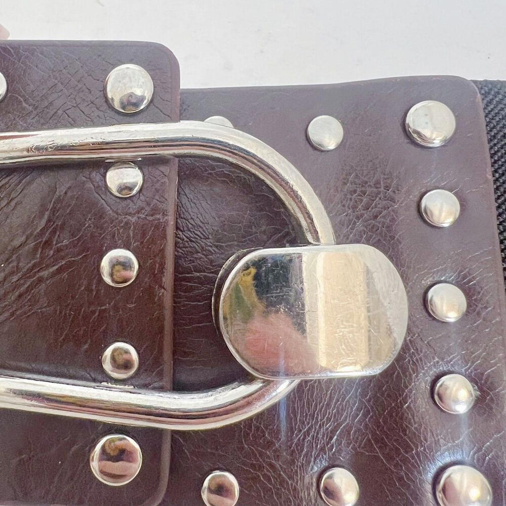 Black Chunky Elastic Belt Brown Leather Studded Clasp Boho Y2k OS