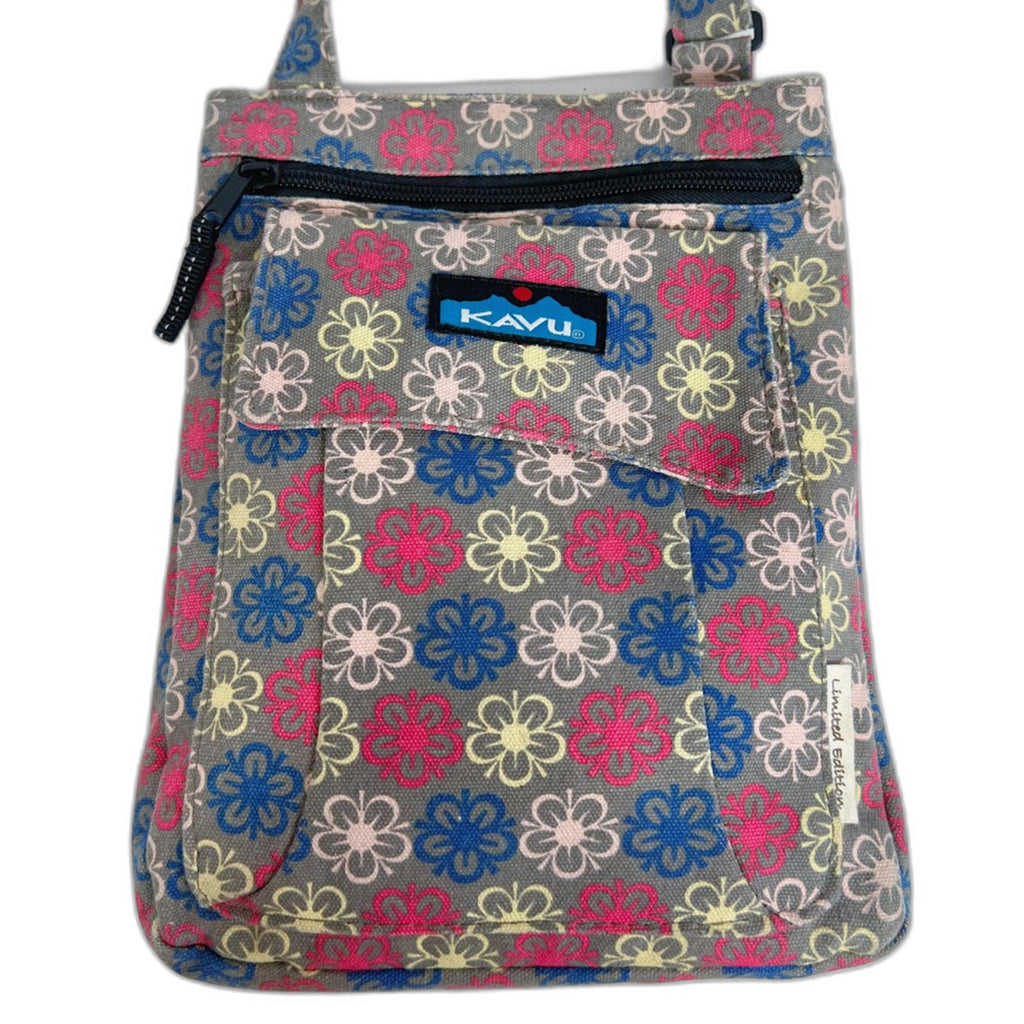 Kavu Limited Edition Keeper Cotton Canvas Taupe Pink Blue Floral Crossbody Bag