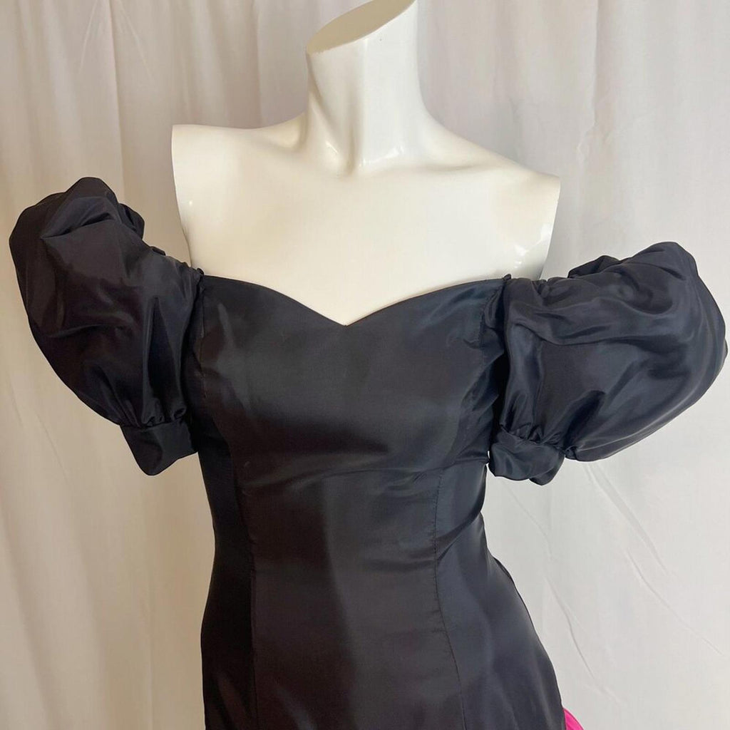 Vintage 80s Black Puff Sleeves Pink Bows Dress Party Prom Retro Size 7-8