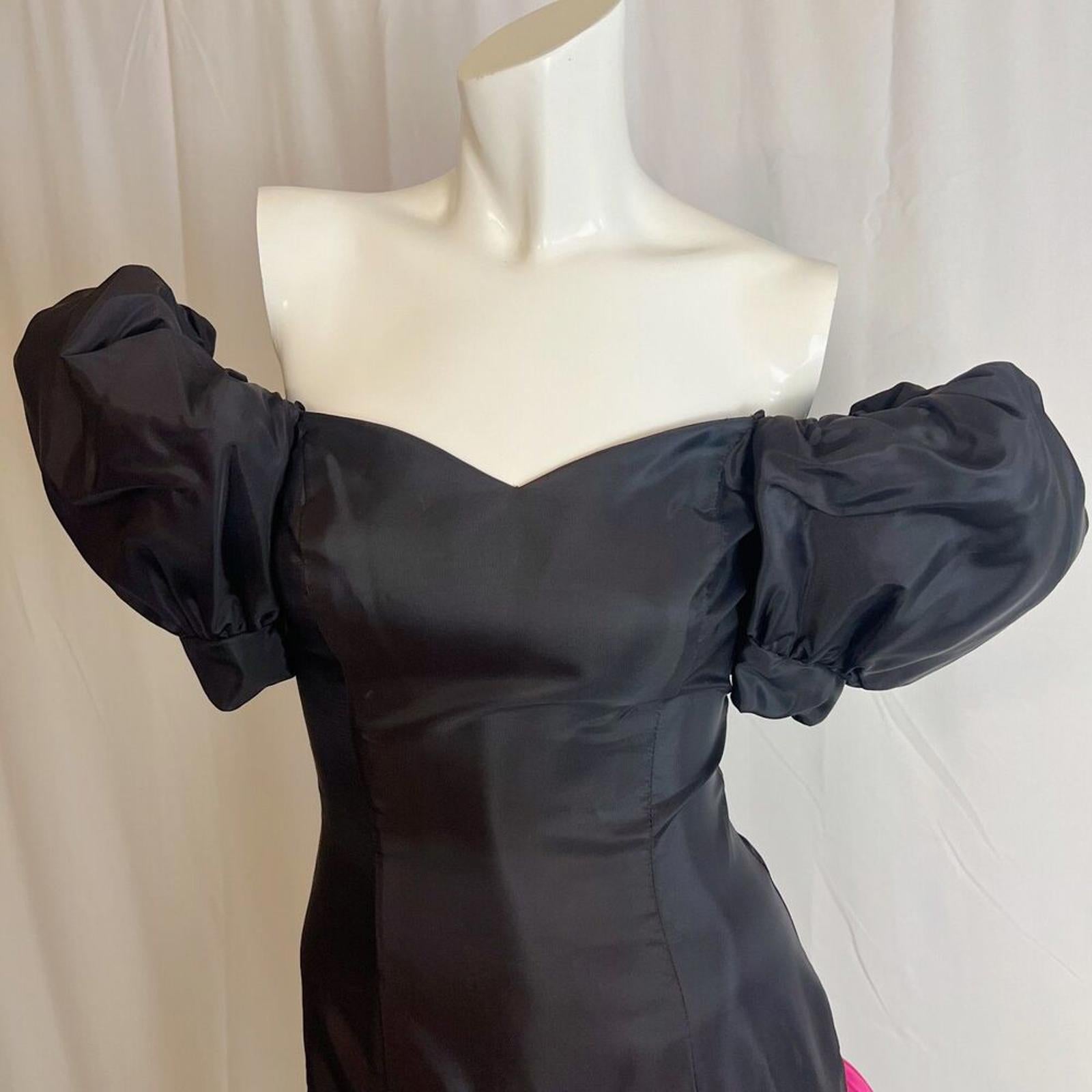 Vintage 80s Black Puff Sleeves Pink Bows Dress Party Prom Retro Size 7-8
