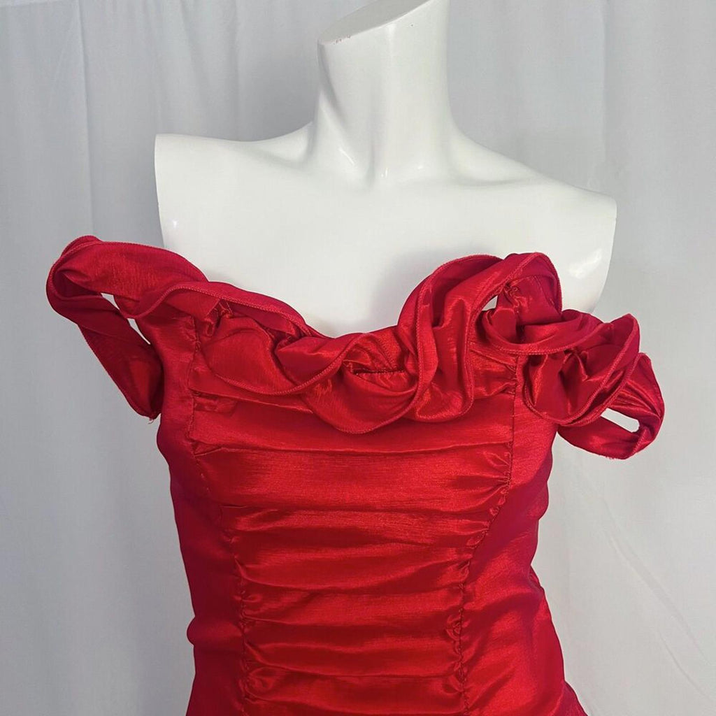 1980s Vintage La Scala Red Strapless Ruched Cocktail Dress Ruffled Top Size XL
