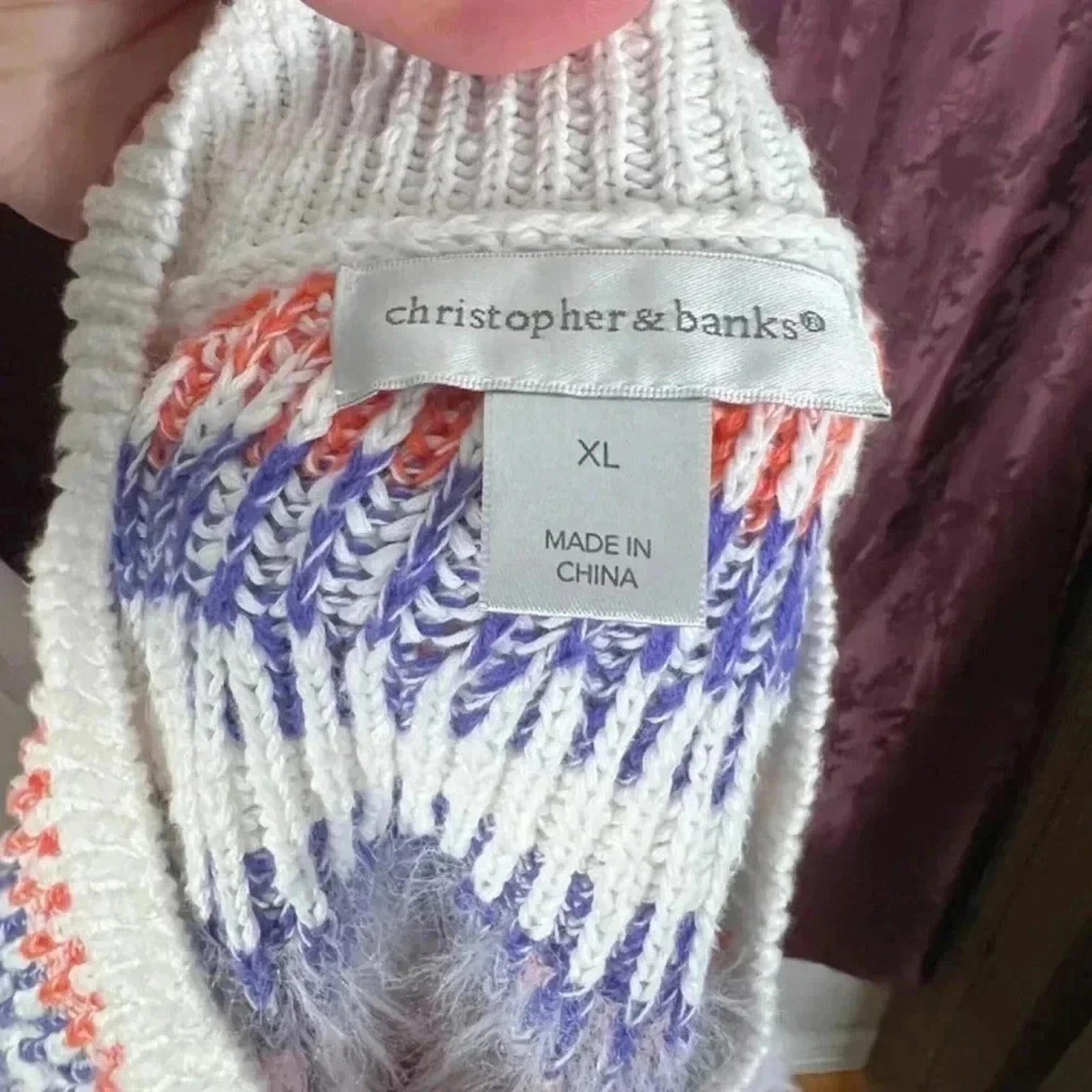 Christopher & Banks White Sweater Colorful Stripes Fuzzy Knit Crewneck Size XL