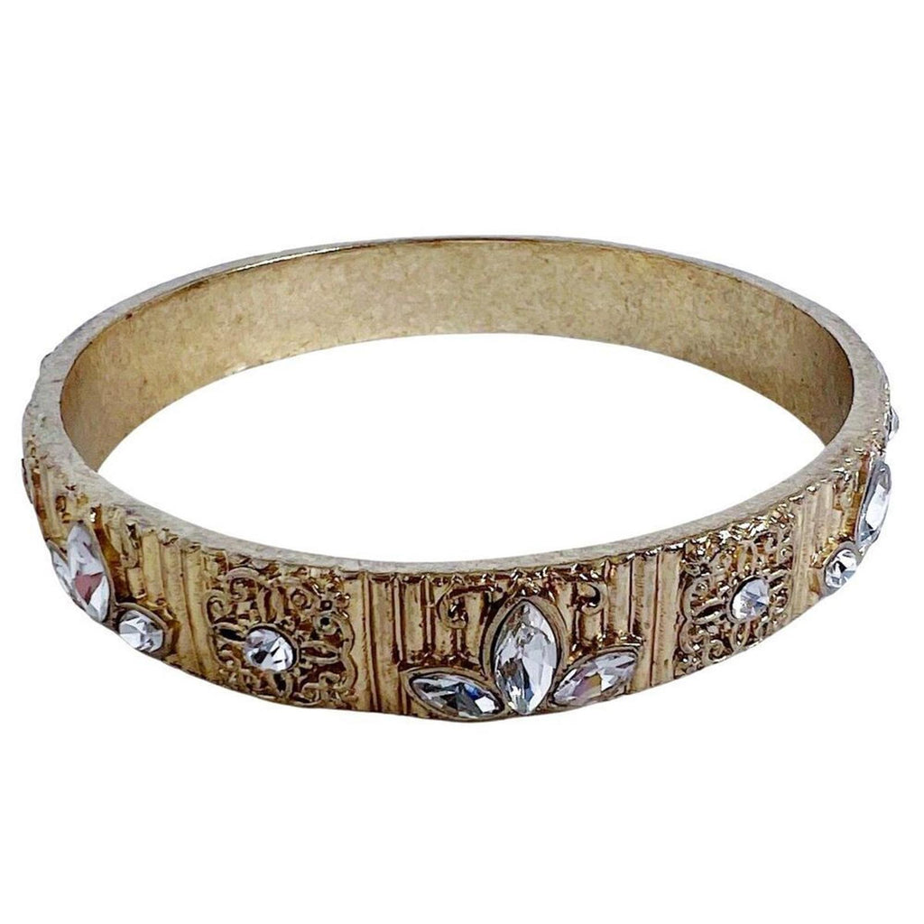 Gold Embossed Bracelet Bangle Rhinestone Flowers Boho Chic Bohemian
