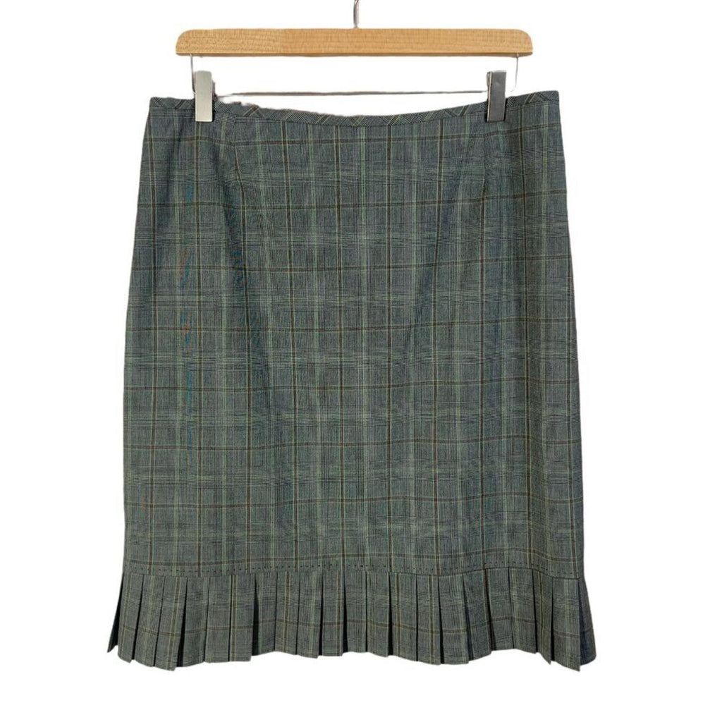 y2k Tahari Vintage Grey Green Plaid Pencil Skirt Pleated Office Siren Size 12