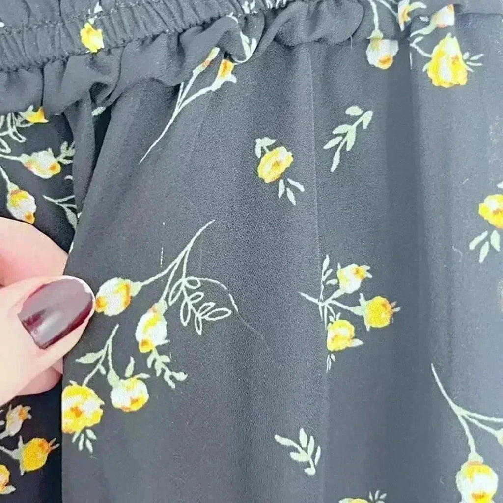 Aqua Black and Yellow Chiffon Flowy Pants Floral  Summer Boho Chic Size S