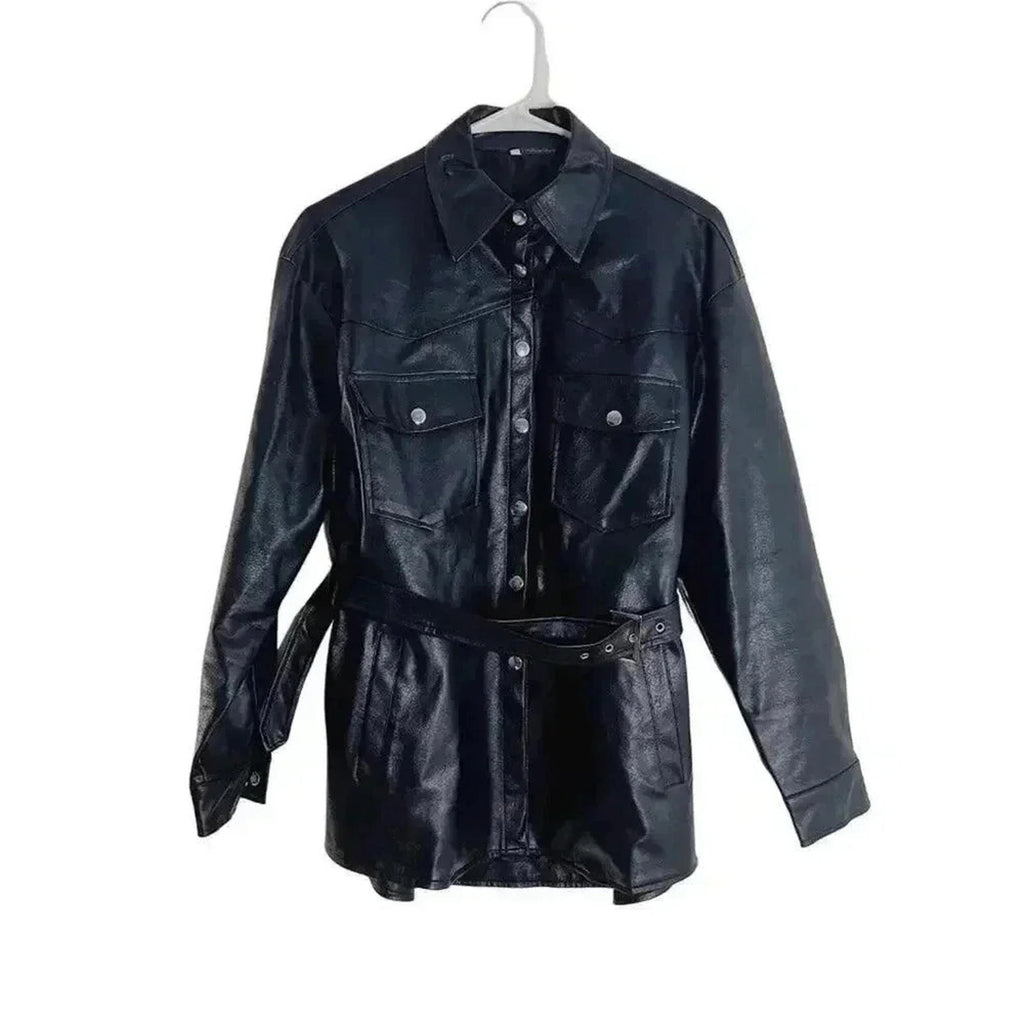 Faux Leather Button Up Jacket Belted Women's Size S